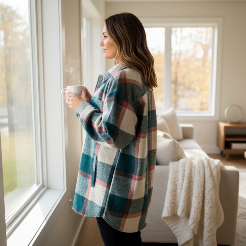 Stitch fix: VIGOSS Size: XS Oversized Teal Green Orange Plaid Shacket Flannel - Picture 7 of 15